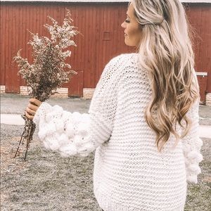 Francesca‘s White Pom Pom Sleeve Cardigan Sweater